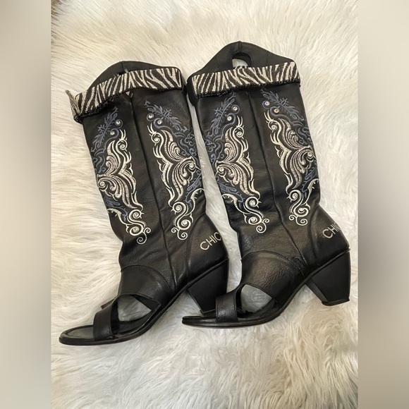 Chickickers Boots Sz 8 Black Leather Embroidered Floral Open Toe Western - Picture 10 of 16